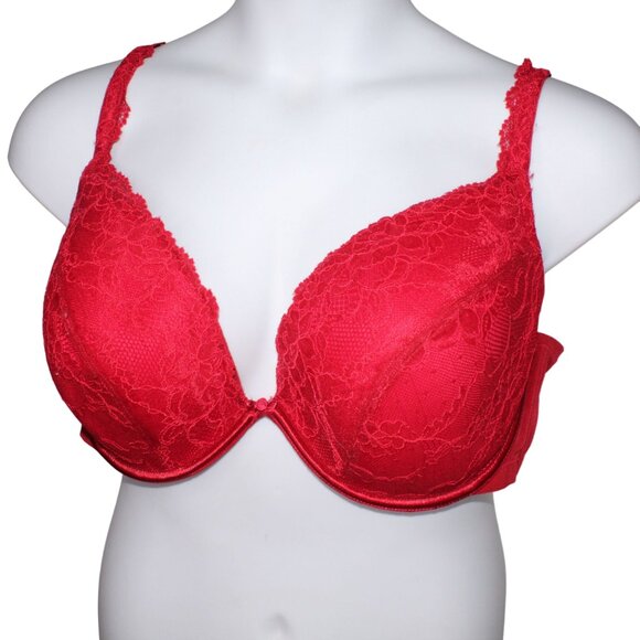 Cacique 44DD Boost Plunge Bra Red Bow Floral Flower Lace Underwire Molded Cup - Picture 1 of 8